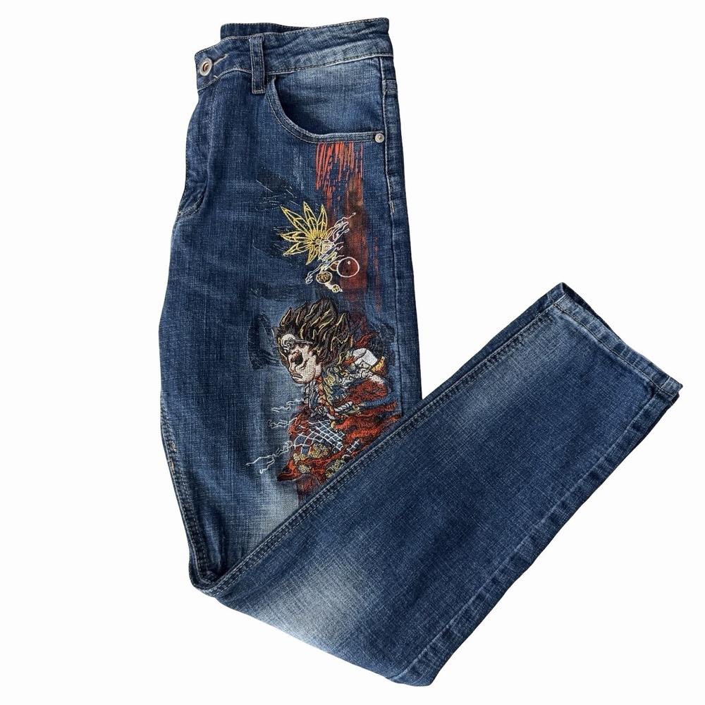 Japanese Mythology Embroidered Denim Jeans Sz 31 Streetwear Y2K Edgy Dark Blue